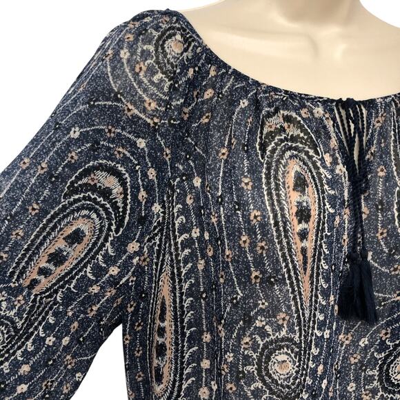 Lucky Brand Blue Pink Paisley Long Sleeve Popover Top Elastic Waist Tassel Ties - Picture 6 of 16
